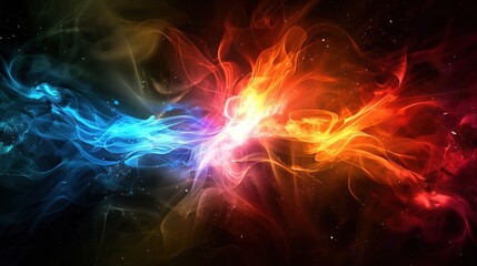 a colourful light burst from a black smoky background with red, blue and orange colours 