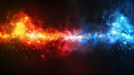 a colourful light burst with particles from a black smoky background with red, blue and orange...