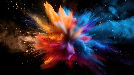 a colour burst or explosion of paint from a black background with red, blue and orange colours....