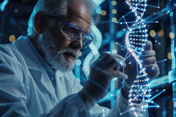 A scientist in a high tech, modern, futuristic laboratory. Studying DNA strand for an mRNA vaccine, cancer cure, medical research in genetics. 