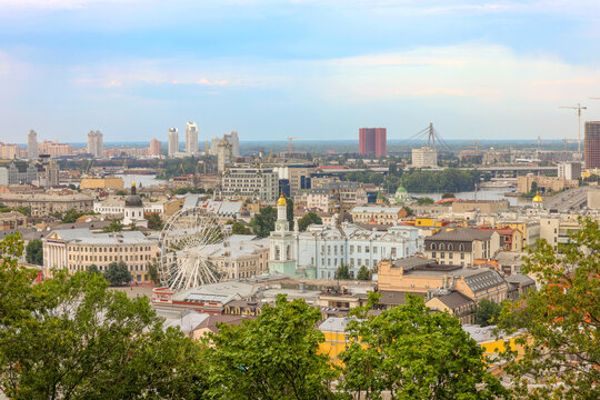 beautiful panoramic views of Kyiv with old and new buildings. view from Podol to the left bank