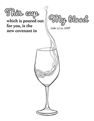 Biblical coloring illustration of Christian faith with a Crystal wineglass filled with red wine beside an isolated bottle for a celebratory drink