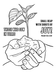 Biblical coloring illustration of Christian faith with cartoon illustration of a caring human hand holding a small plant or tree