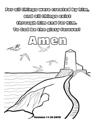 Biblical coloring illustration of Christian faith with black and white of the lighthouse beside the seascape and birds flying around