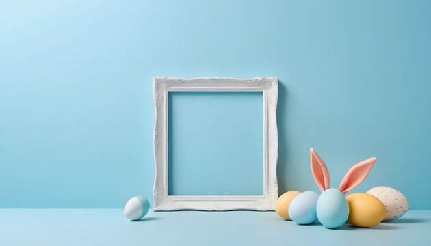 Easter frame and decorated eggs on a blue background. Happy Easter Day