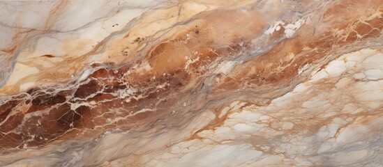 Obraz premium A detailed shot showcasing the intricate patterns of a brown and white marble texture, resembling a mixture of wood and natural material. The design is reminiscent of a landscape or bedrock art piece