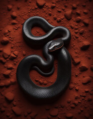 Black snake on red soil. Top view, animals and nature
