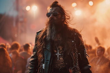 Biker rocker, old man strolling through the audience of a heavy metal concert, long hair and beard...