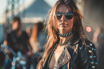 Biker rocker, woman in leather jacket and sunglasses at a heavy metal concert, shoulder pads...