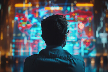 A businessman studying market trends on a holographic display projected in front of him.