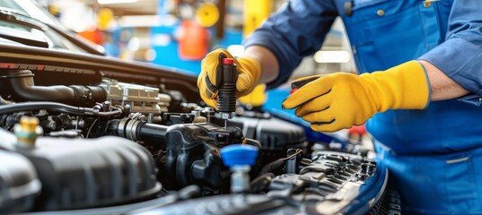 Expert mechanic s hands conducting car repairs in professional auto service workshop