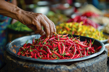 A hand grabbing red chili from a pile on the table - obrazy, fototapety, plakaty