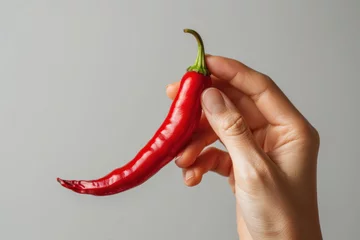 Papier Peint photo Piments forts A hand holding red chili isolated on gray, food and health concept