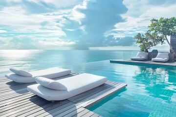 The edge Luxury swimming pool with white fashion deckchairs on the beach., Exterior design. generative ai - obrazy, fototapety, plakaty