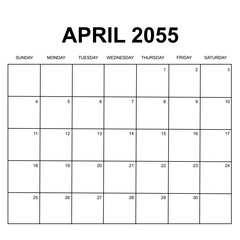 april 2055. monthly calendar design. week starts on sunday. printable, simple, and clean vector design isolated on white background.