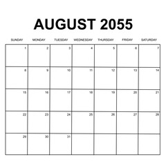 august 2055. monthly calendar design. week starts on sunday. printable, simple, and clean vector design isolated on white background.