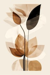 simple boho brown natural earth tone  abstract  flower  and nature inspired painting , Artwork for wall art and home decor