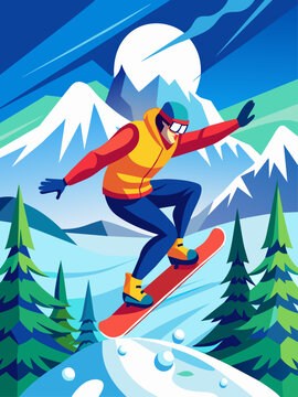 Snowy mountains create a breathtaking backdrop for the thrilling sport of snowboarding.