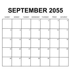 september 2055. monthly calendar design. week starts on sunday. printable, simple, and clean vector design isolated on white background.