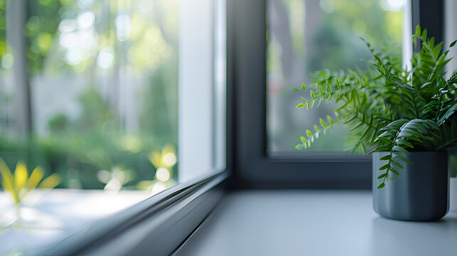 close up image of an aluminum window in a modern living room ; copyspace , stock photo