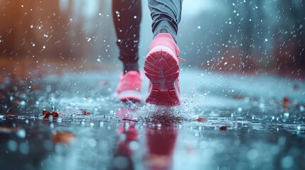An athletic person, running in the rain with close-fitting shoes with water splash. low angle - obrazy, fototapety, plakaty