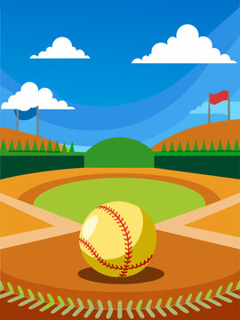 The softball lies in the infield dirt of a baseball diamond under a vibrant blue sky.