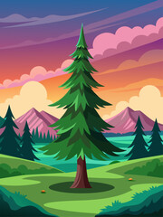 A spruce tree stands tall in a serene landscape, its branches reaching towards the heavens.