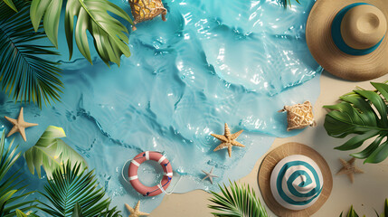 a tropical beach scene adorned with sunbathing accessories, summer holiday background