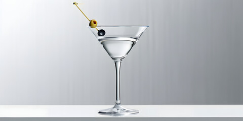 Taça de Martini com líquido transparente e azeitona em palito - obrazy, fototapety, plakaty
