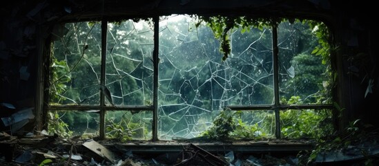 A broken glass window reveals a picturesque view of a vibrant green forest filled with terrestrial plants, trees, and lush grass, creating a serene landscape
