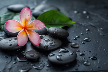 Black zen stones and pink flower with water drops.