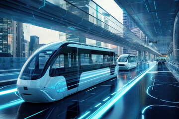 Futuristic City Trains with Integrated AI Systems in High-Tech Transport Hub