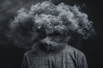 A conceptual image illustrating depression, featuring a human torso with the head obscured in a fluffy, white cloud. The feeling of being lost, isolated, or disconnected.