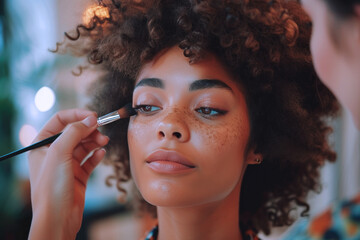 Obraz premium Beautician making make-up for afro woman in beauty salon cosmetic