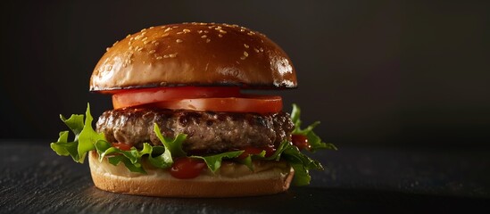 A delicious hamburger topped with lettuce and tomato sitting on a black surface.