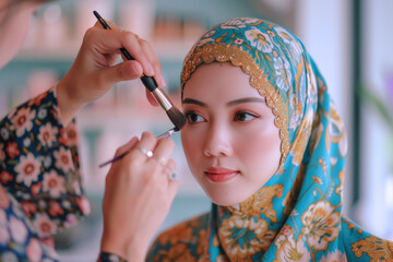 Beautician making make-up for Malay woman in beauty salon cosmetic
