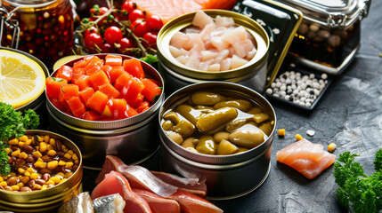 An assortment of processed food with long shelf life. Generative Ai