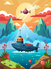 Dive into the depths of the ocean with this majestic submarine vector landscape background.