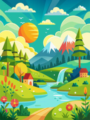 Fototapeta premium A beautiful summer vector landscape background with green meadows, blue skies, and puffy white clouds