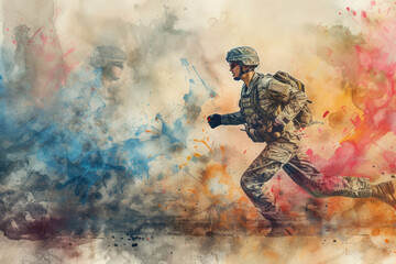 Army woman run in colourful splash watercolor, concept: independence, peace - obrazy, fototapety, plakaty
