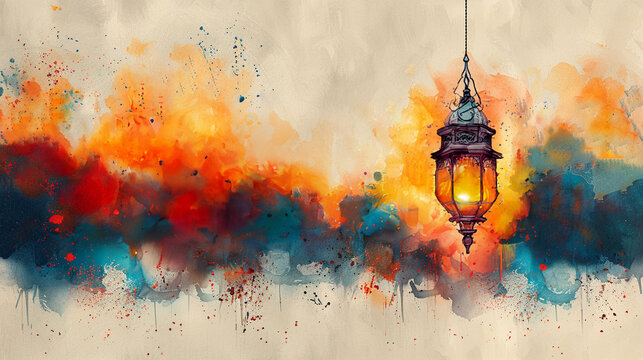 Abstract watercolor painting with Islamic lantern