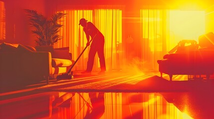 Hyper Realistic Photography Evening Residential Cleaning Service Worker Vacuuming Living Room with Exaggerated Dynamics