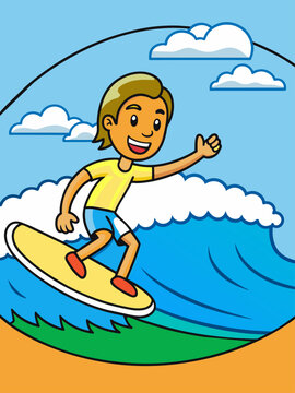 Surfers ride the waves in a beautiful ocean setting with a gradient blue sky.