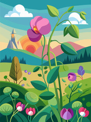 Fototapeta na wymiar Enjoy the breathtaking scenery of a blooming sweet pea field with this charming vector landscape background.