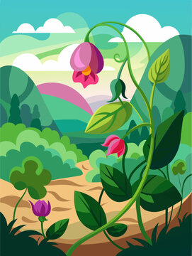 Sweet pea landscape image features a blooming garden with soft pastel hues and lush greenery.