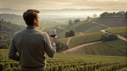 Man drinking wine while overlooking rolling hills vineyard