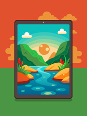 Serene tablet template against a tranquil water landscape backdrop