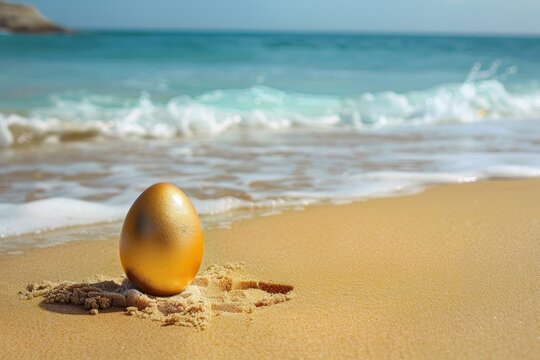 Hidden Treasures of Easter: A Vibrant Egg Partially Buried in the Sand, Teasing the Curiosity of Beachgoers