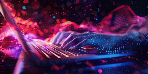 Closeup of hands typing on a keyboard with digital technology, software development concept. Coding programmer, software engineer working on laptop	 - obrazy, fototapety, plakaty