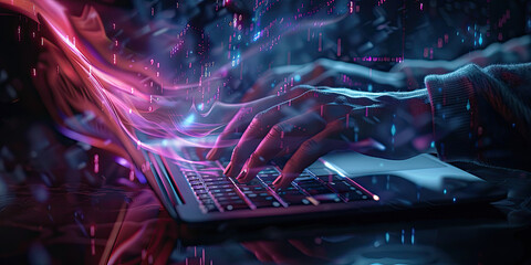 Closeup of hands typing on a keyboard with digital technology hologram screen, software development concept. Coding programmer, software engineer